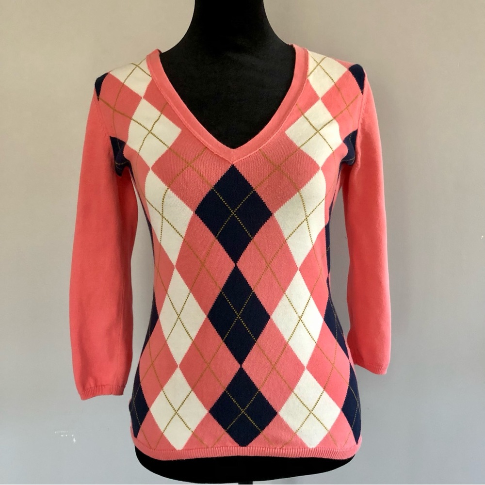 🎉Host Pick!🎉 J Crew Argyle V neck Sweater Salmon Navy White XS